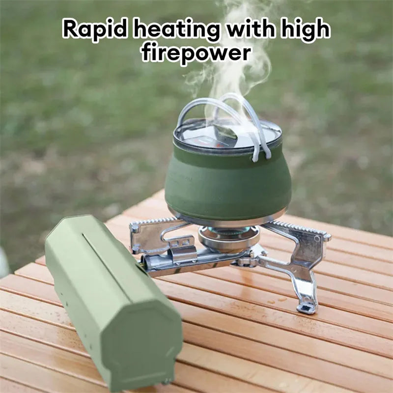 Green portable folding camping gas stove shown open for cooking and folded with its carry bag.