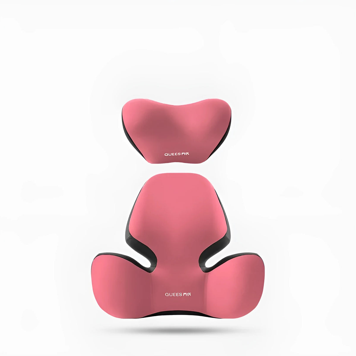 Black and grey memory foam car lumbar support pillow and matching headrest on a car seat.