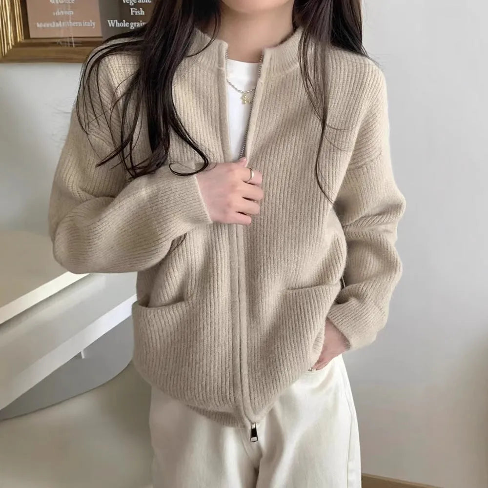 Beige viscose fibre soft wind sweater coat cardigan with long sleeves laid flat