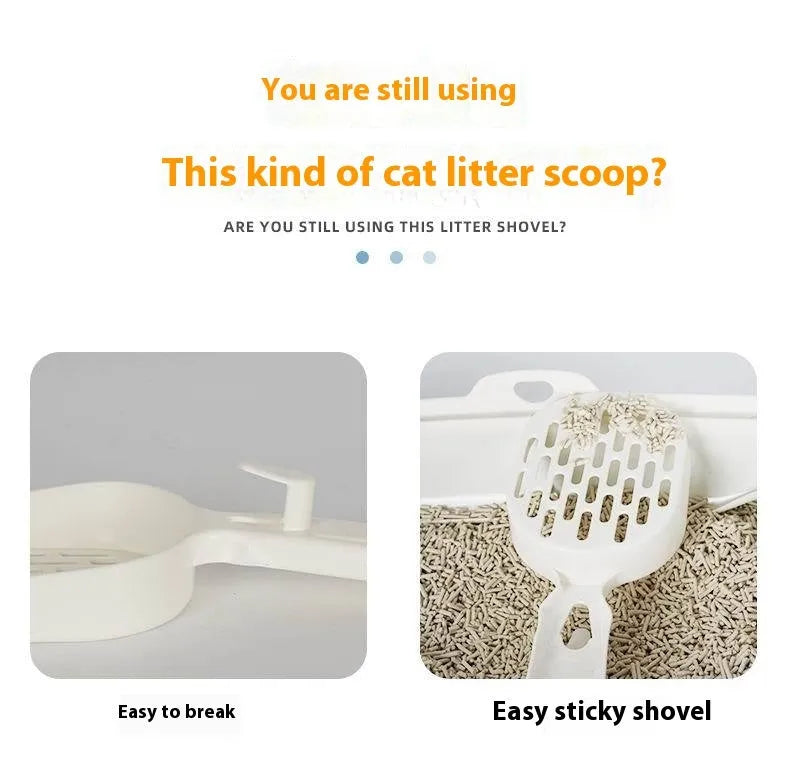 Black metal cat litter scoop with a long handle and a sifting head showing a narrow mesh gap.