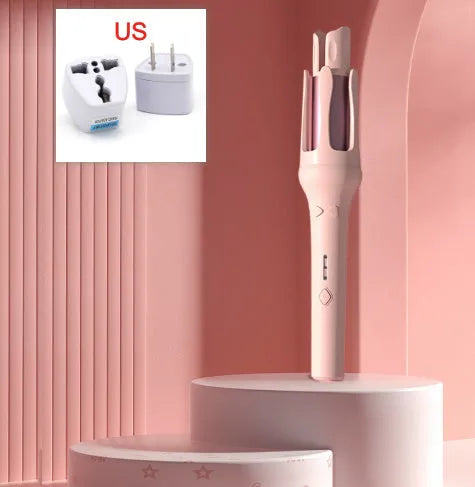 White and pink automatic hair curler with 32mm barrel and corded power supply