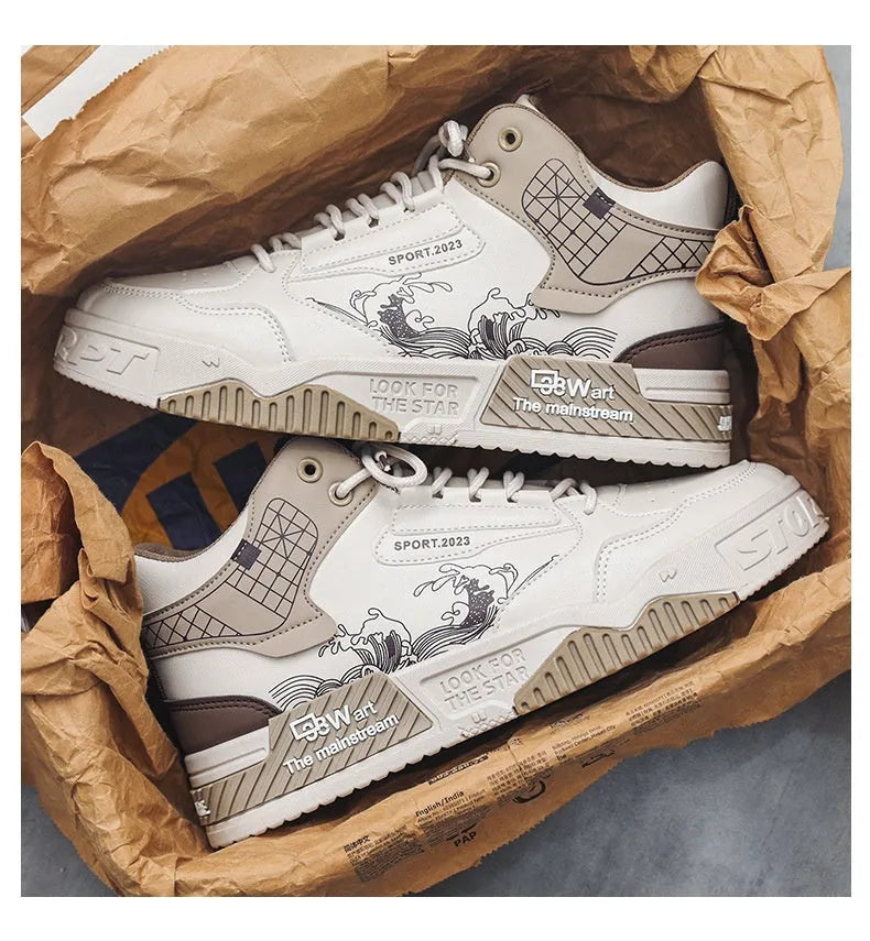 Men's beige high-top board shoes with lace-up front and rubber soles