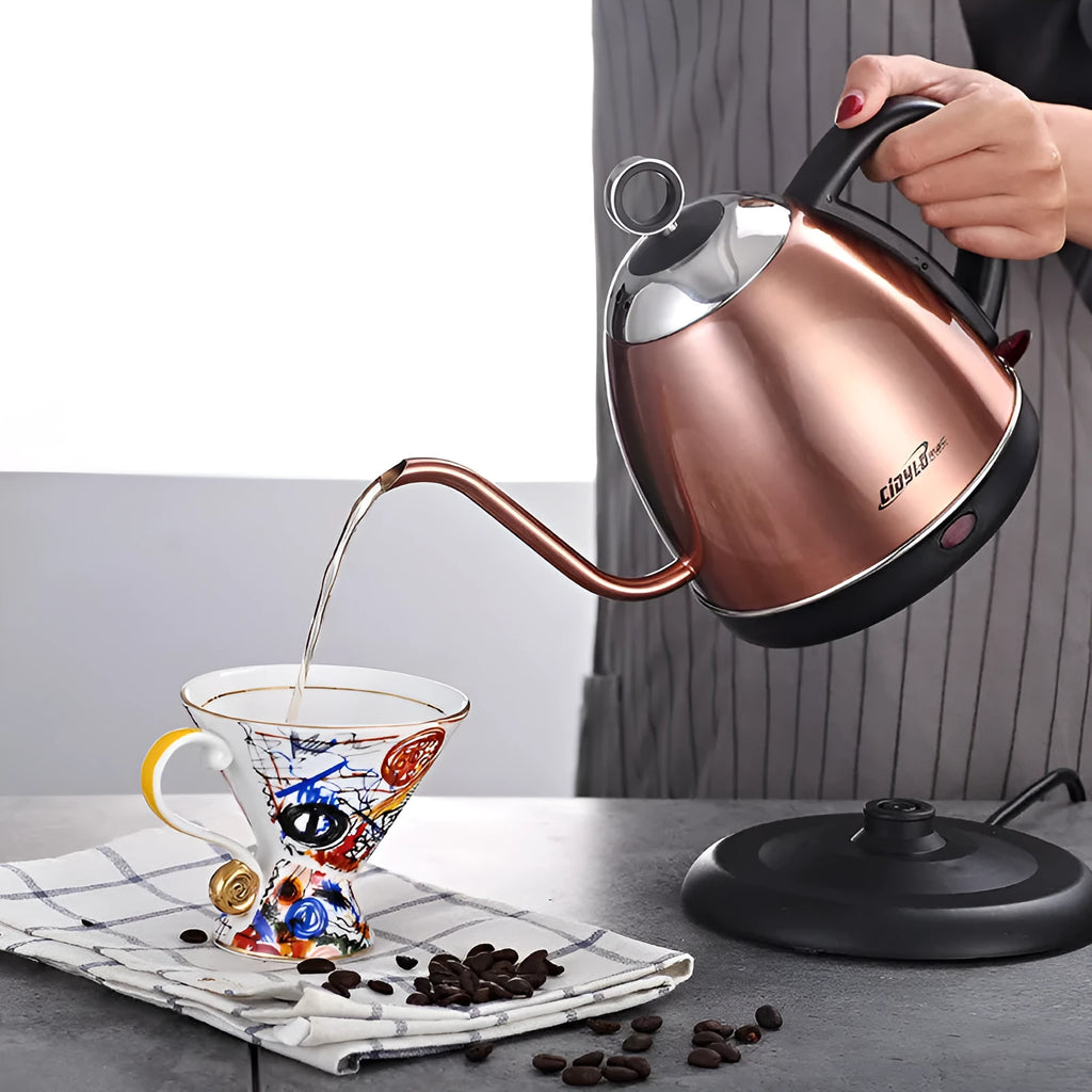 Gold automatic stainless steel kettle with touch control panel and 1.0L capacity marking