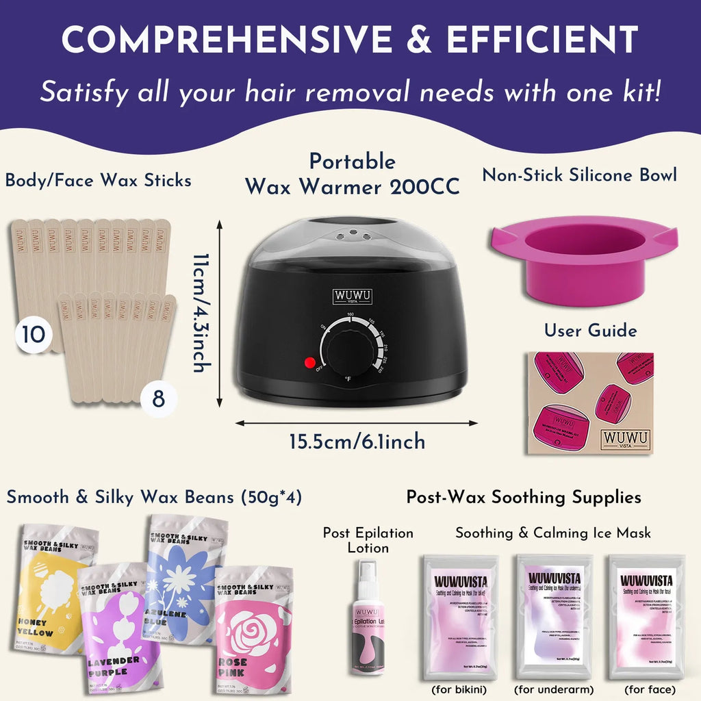 29-piece hard waxing kit with black wax warmer, wax beads, facial and body sticks, aftercare products