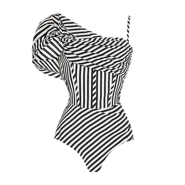 Women's ruffled one-piece swimsuit in striped pattern or black skirt design