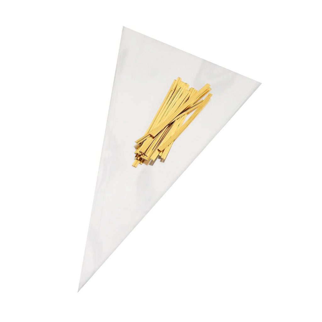 Clear triangular plastic packaging bags with wire ties in three different sizes