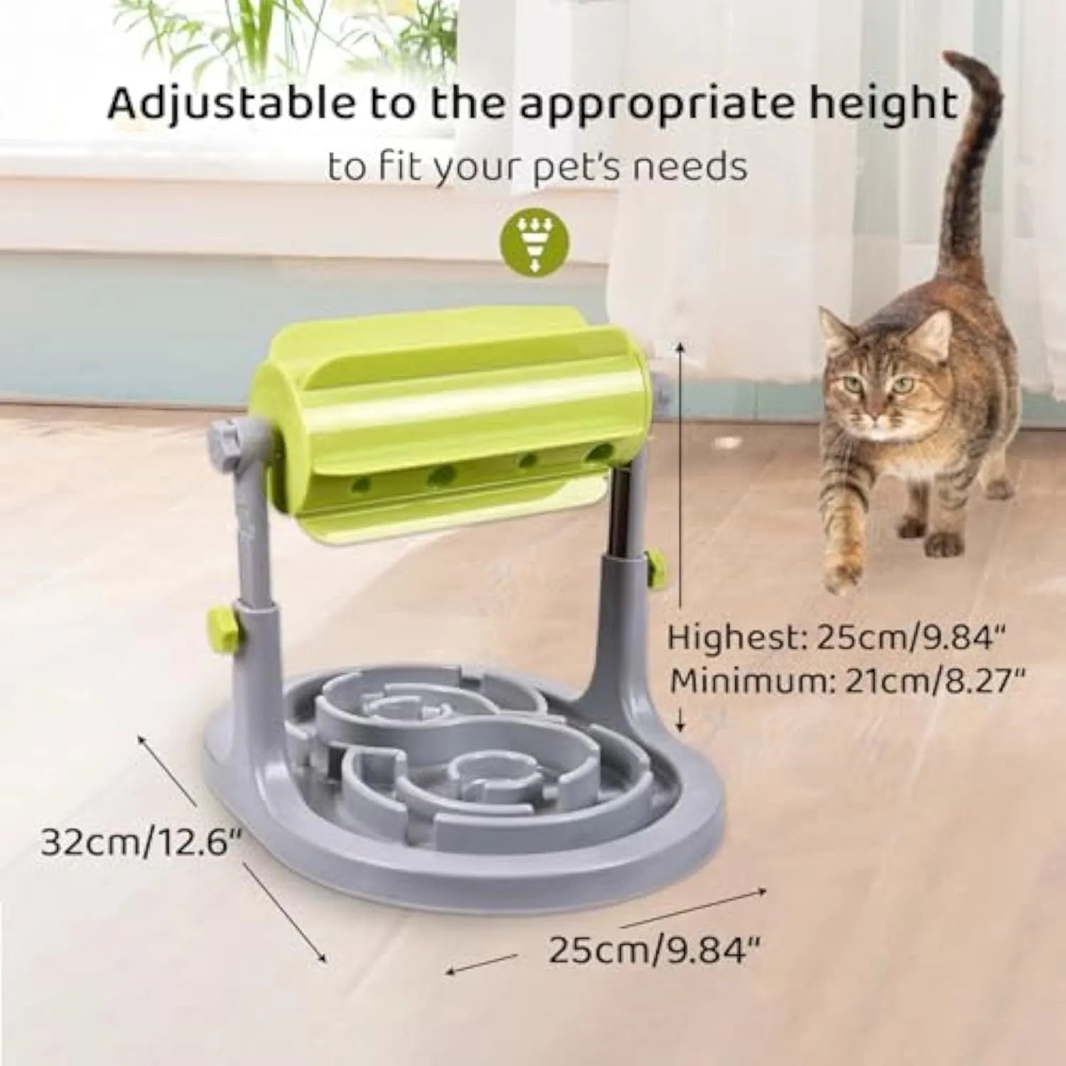 Interactive pet puzzle feeder bowl with adjustable height in blue, green and pink colour options