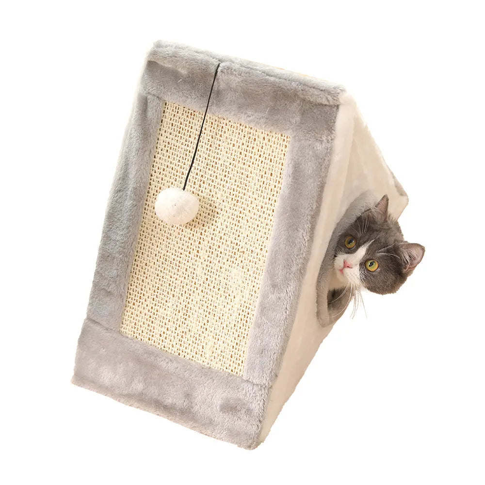 Triangular cat scratching bed with fur cover in gray white or light brown beige color options for pets