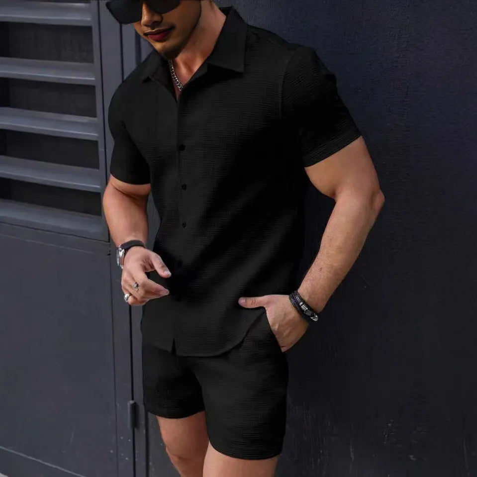 Men's summer two piece set with short sleeve shirt and shorts in cotton blend textured solid, in five colours