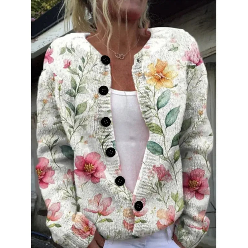 Yellow digital print cardigan coat with 3D stereoscopic pattern, regular sleeves, gentle cardigan style.