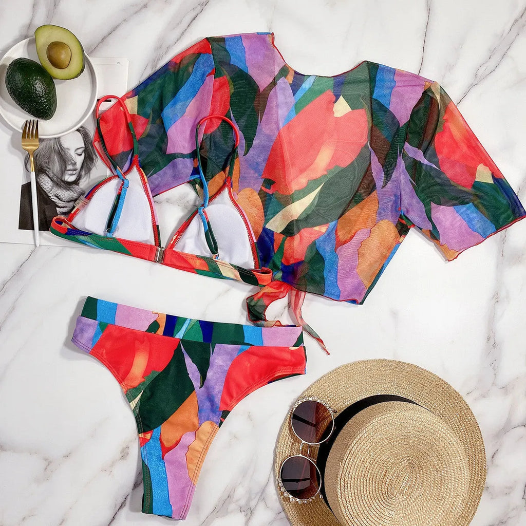 Red women's printed split swimsuit with briefs bikini style for swimming sports
