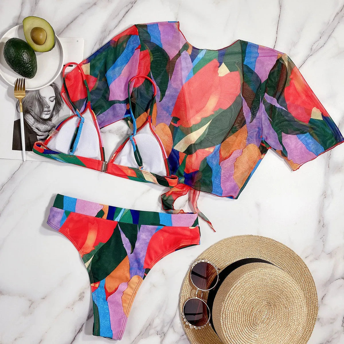 Red women's printed split swimsuit with briefs bikini style for swimming sports