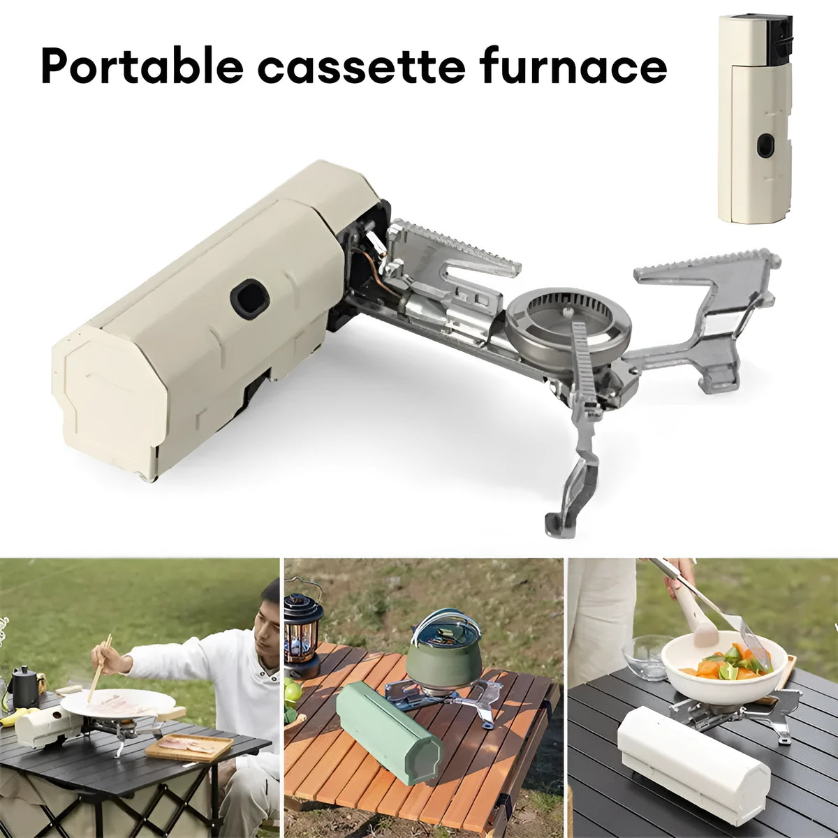 Green portable folding camping gas stove shown open for cooking and folded with its carry bag.