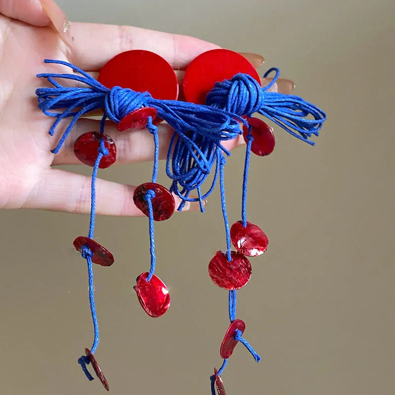 Women's geometric earrings with cloth construction and silver needle blue colour featuring round design elements