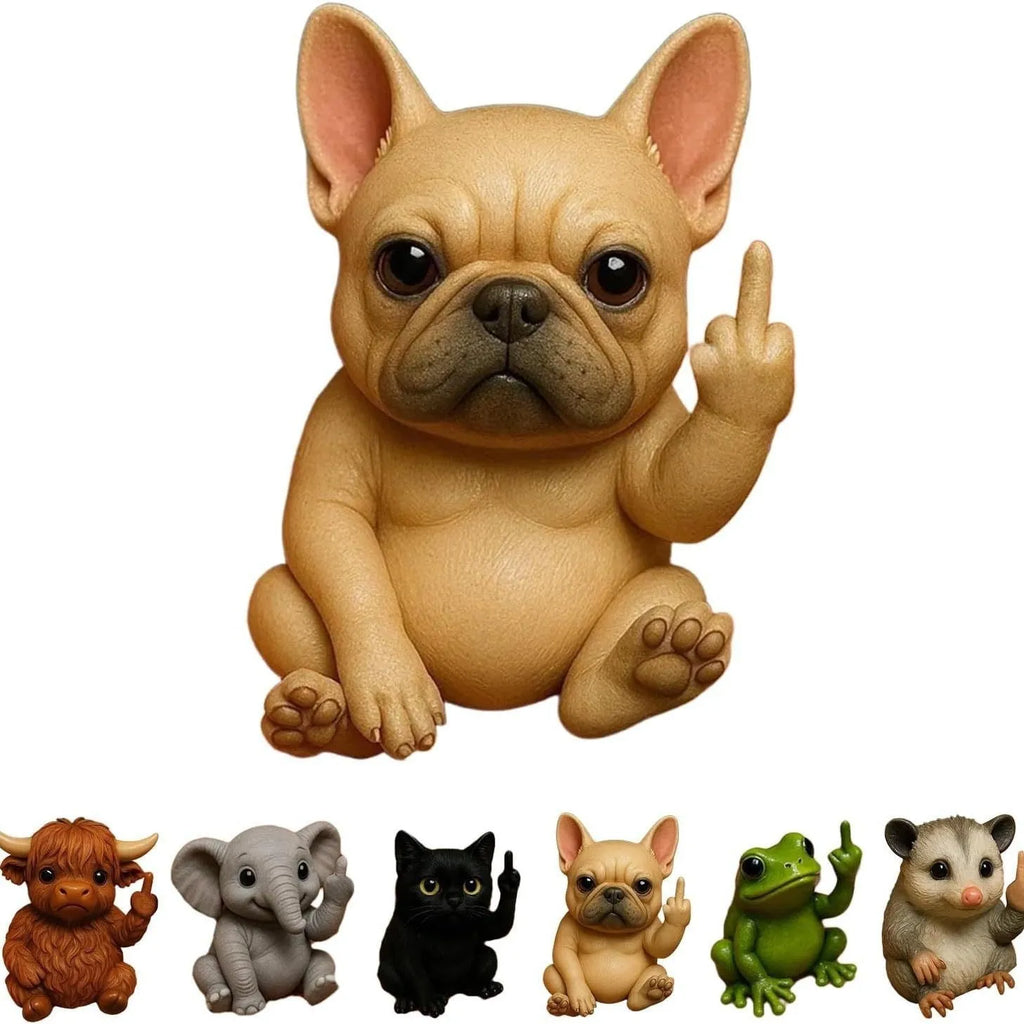 Mini animal-shaped vertical middle finger doll resin ornament on a desk