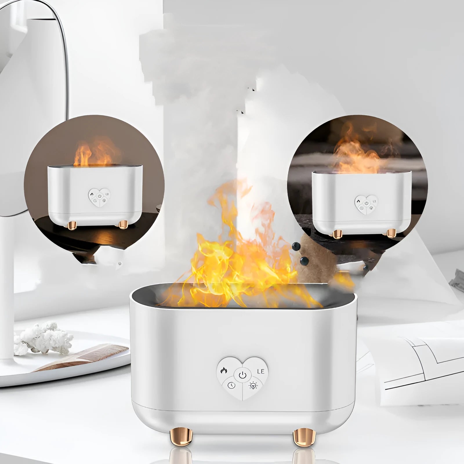Creativity simulation fire love flame humidifier in white with USB cable and remote control