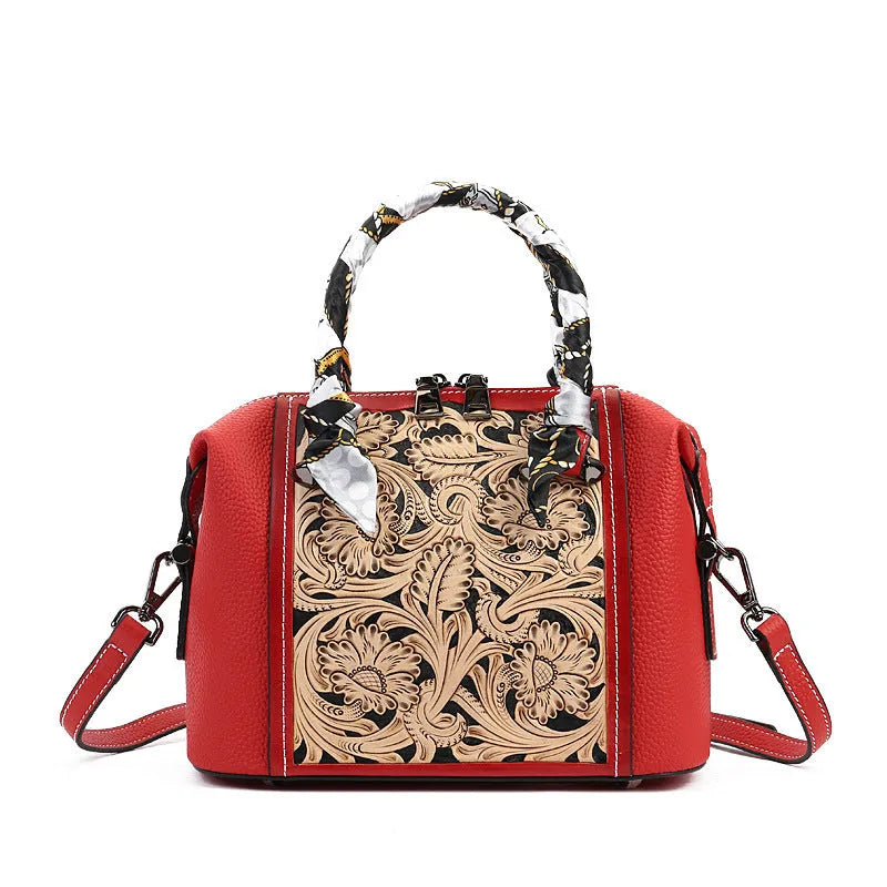 Genuine cowhide leather messenger bag in horizontal square shape with European retro styling