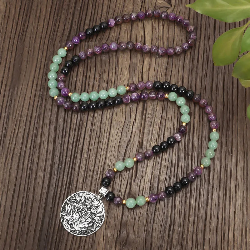 Handmade stone bead necklace with alloy lotus pendant and matching bracelet