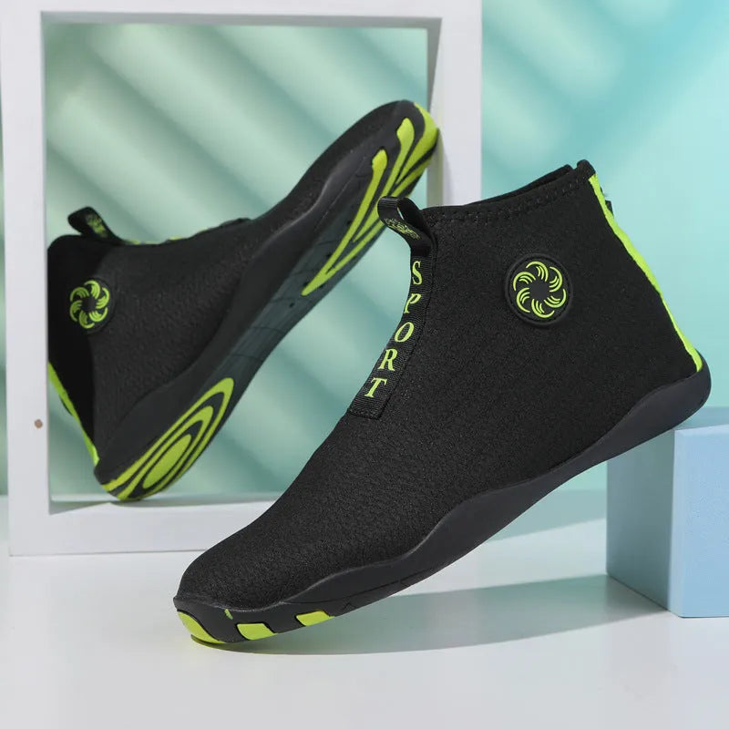 Black and fluorescent green mid-top beach shoes with mesh upper and rubber sole