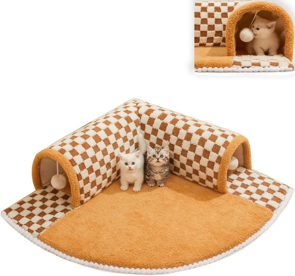 Plush plaid cat tunnel bed with central mat in brown or yellow, XL size 80cm