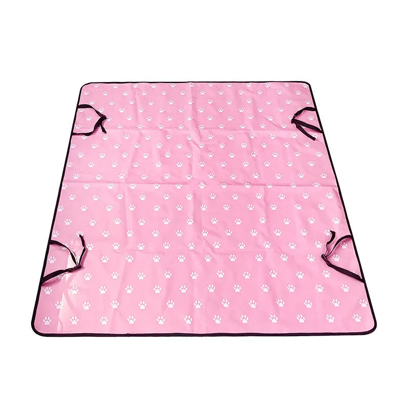 Water resistant cloth car pet mat for the rear seat, shown in a grey dog footprint print design.