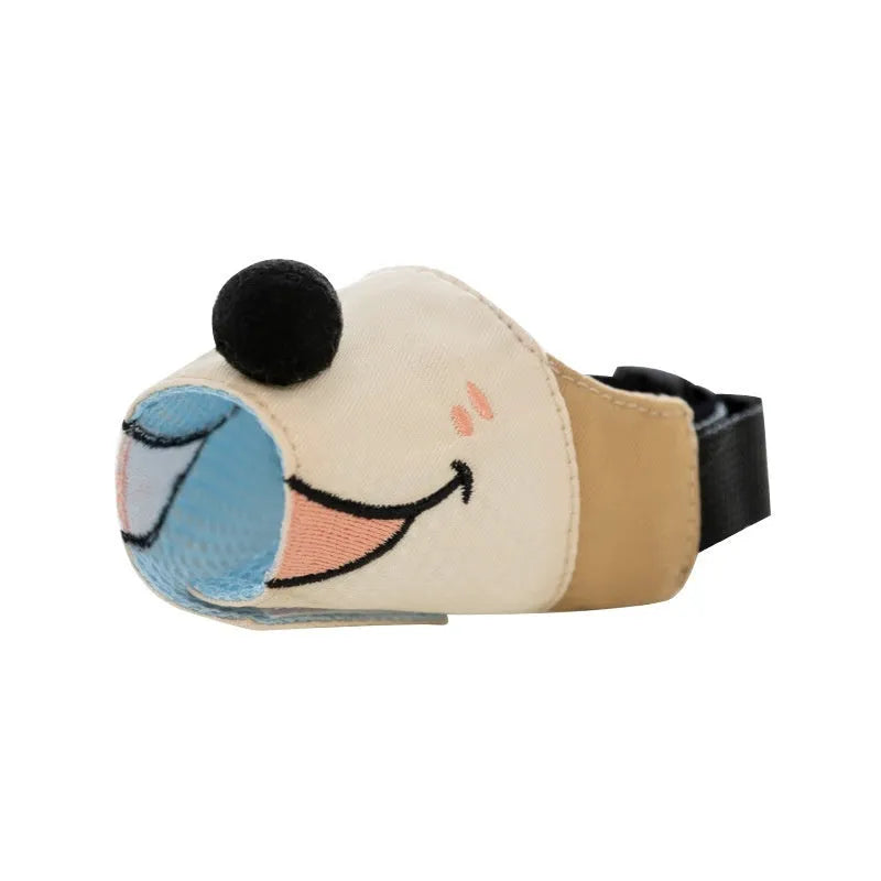 Canvas dog muzzle in Ollie Brown Bear pattern showing size options S M L XL for weight-based fitting