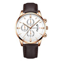 Mens classic business quartz watch with 39mm alloy case, black strap, rose gold case and hands, black face with pointer and number display