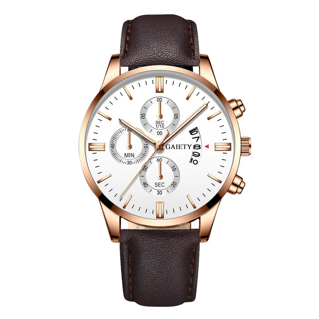 Mens classic business quartz watch with 39mm alloy case, black strap, rose gold case and hands, black face with pointer and number display