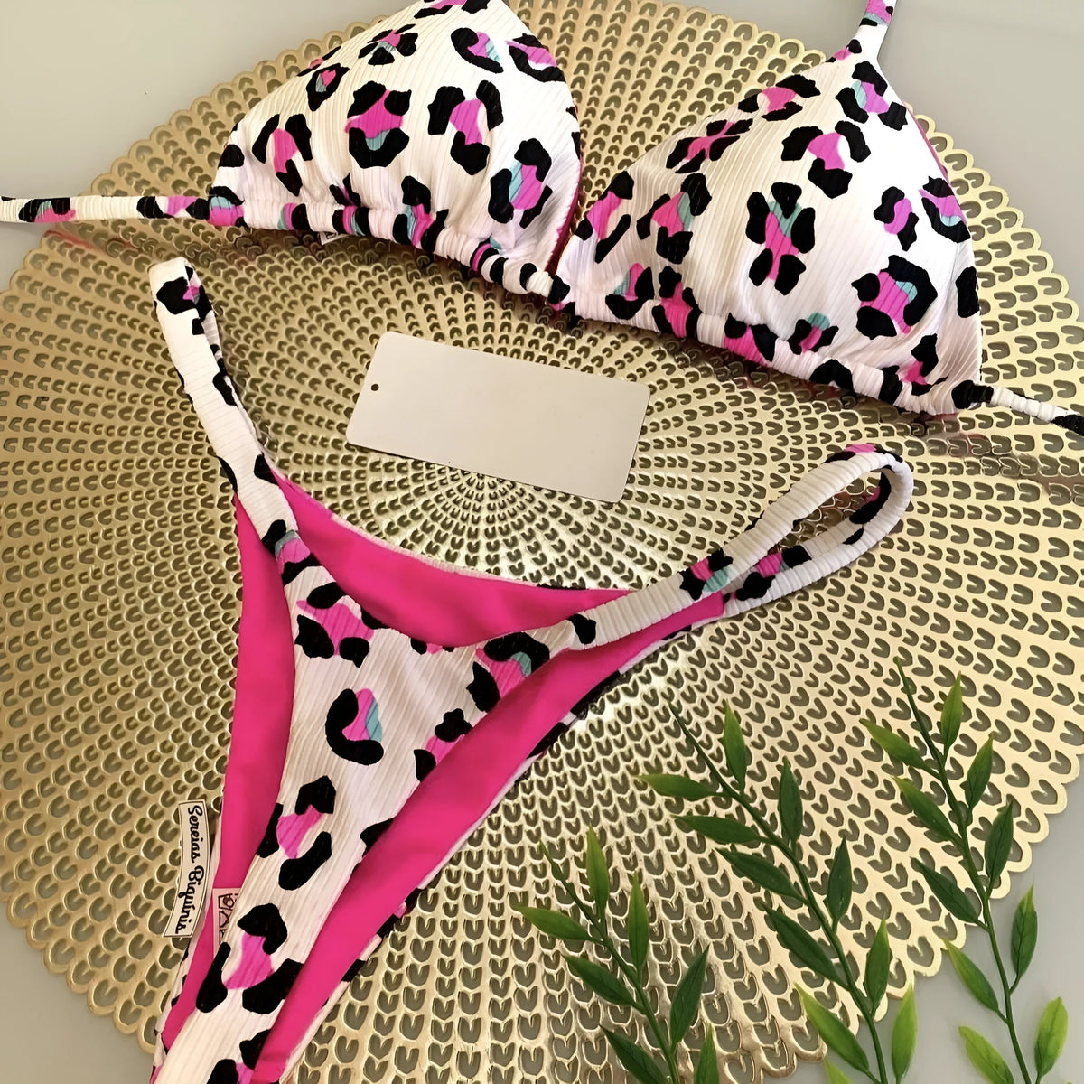 Women's printed nylon bikini swimsuit with cotton lining in briefs style