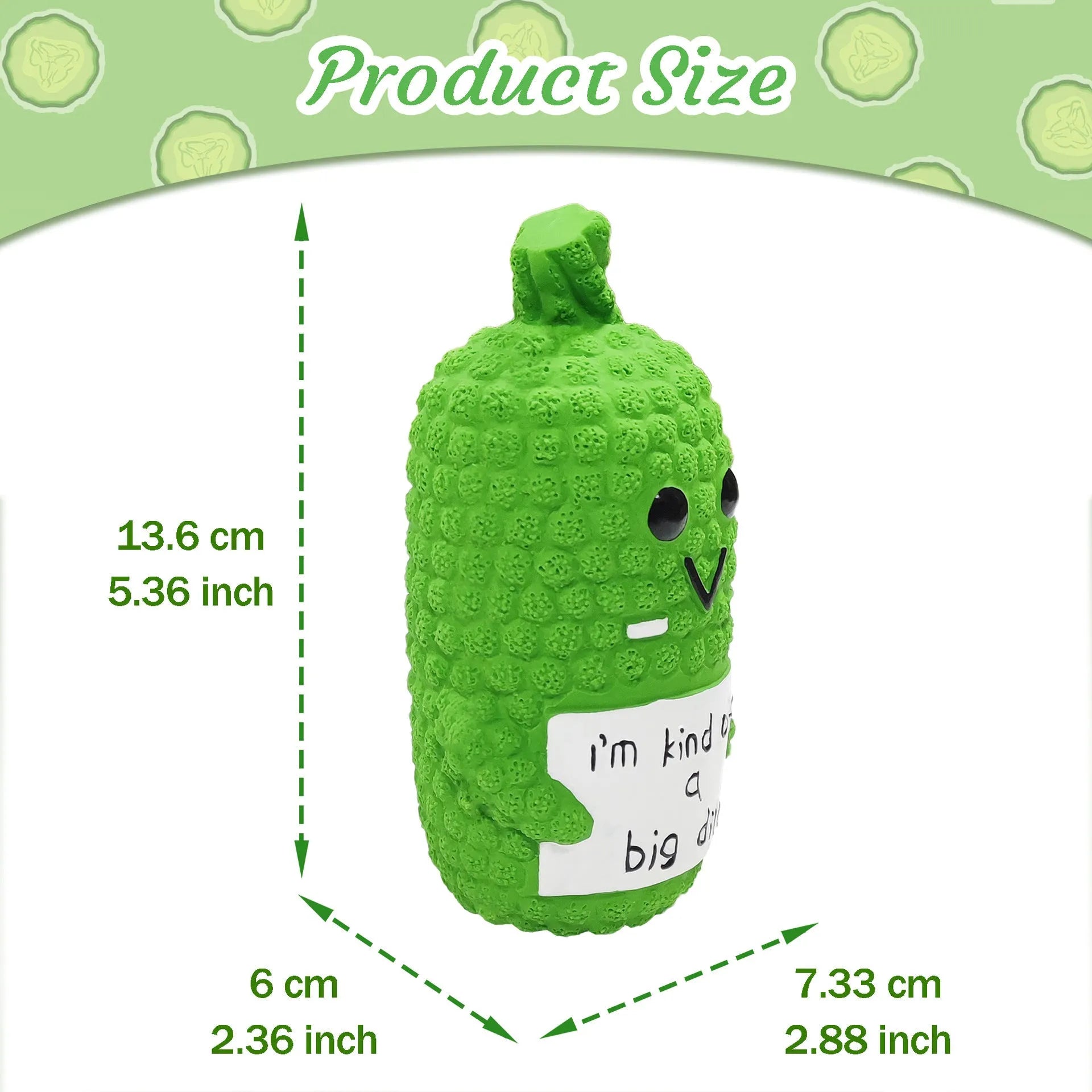 Green pickle-shaped latex dog chew toy with textured surface and squeaker for teething puppies