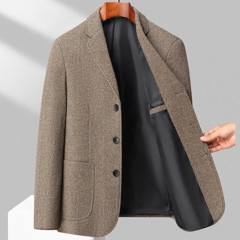 Men's loose-fit solid-colour casual coat in black, shown on a hanger.