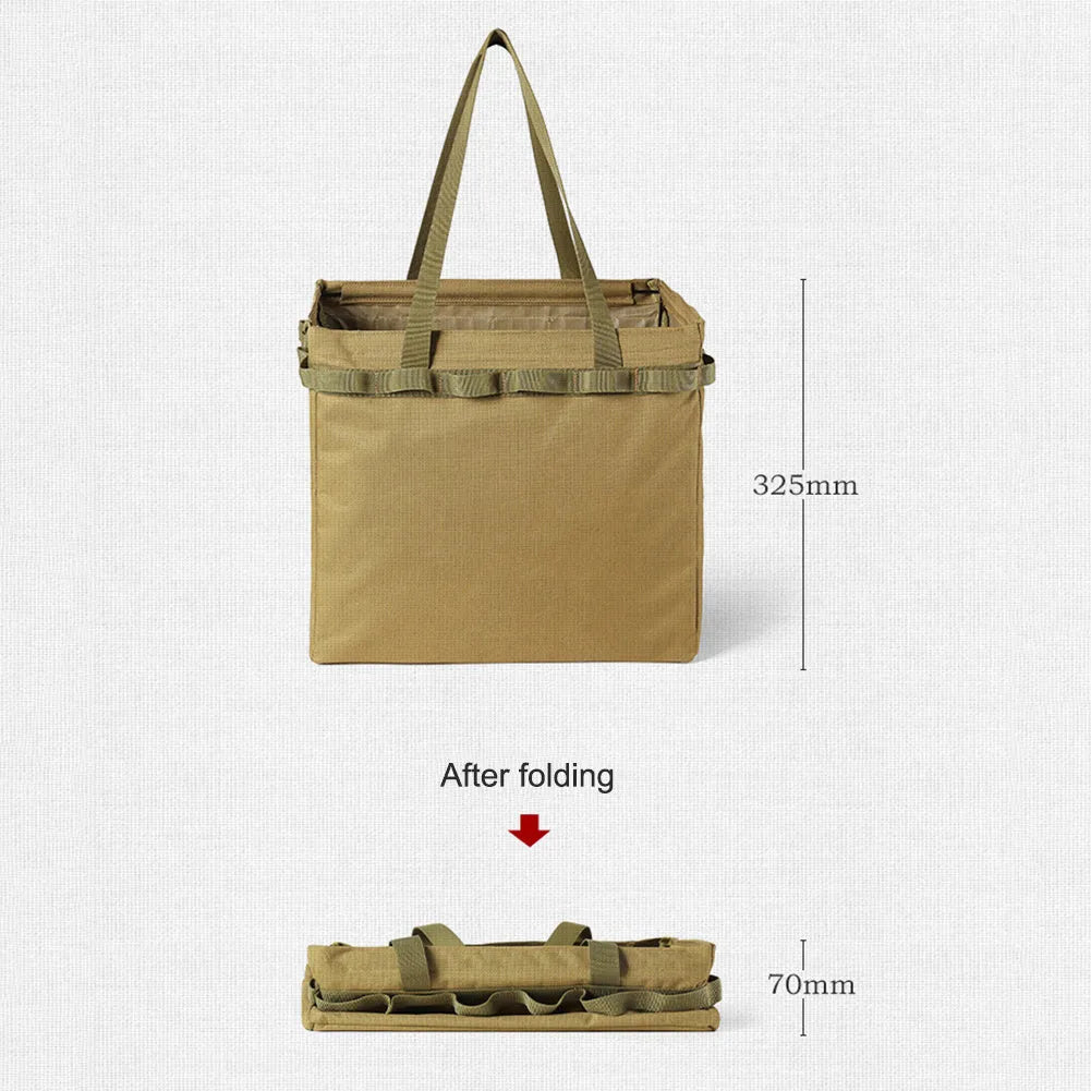 Khaki outdoor folding storage box and shopping bag, 600D Oxford cloth with EPE, approx 370x330mm, with hanging holes and D buckles.