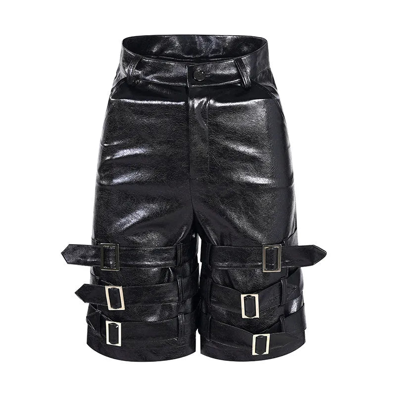 Men's black PU leather cropped shorts with medium low waist design