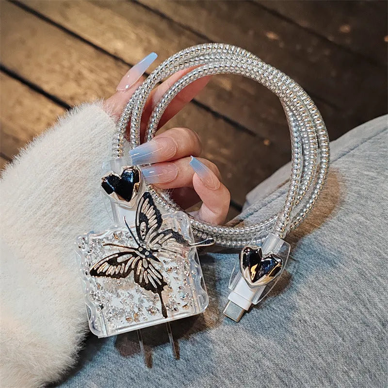 Three-dimensional butterfly USB cable protection sleeve for Apple 20W power adapter with silver foil square sleeve