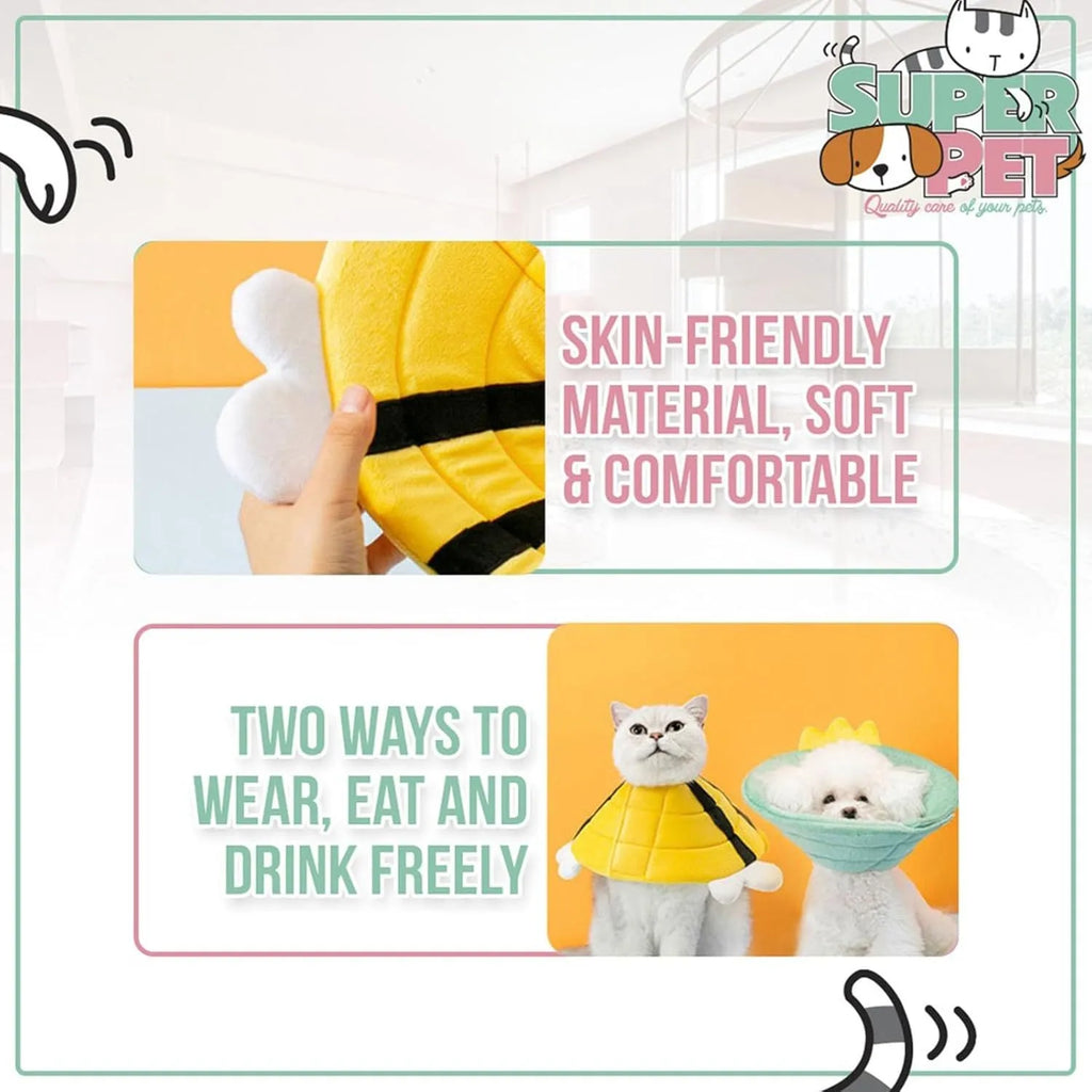 Soft cat cone collar with bee design showing Velcro closure and wide protective shape