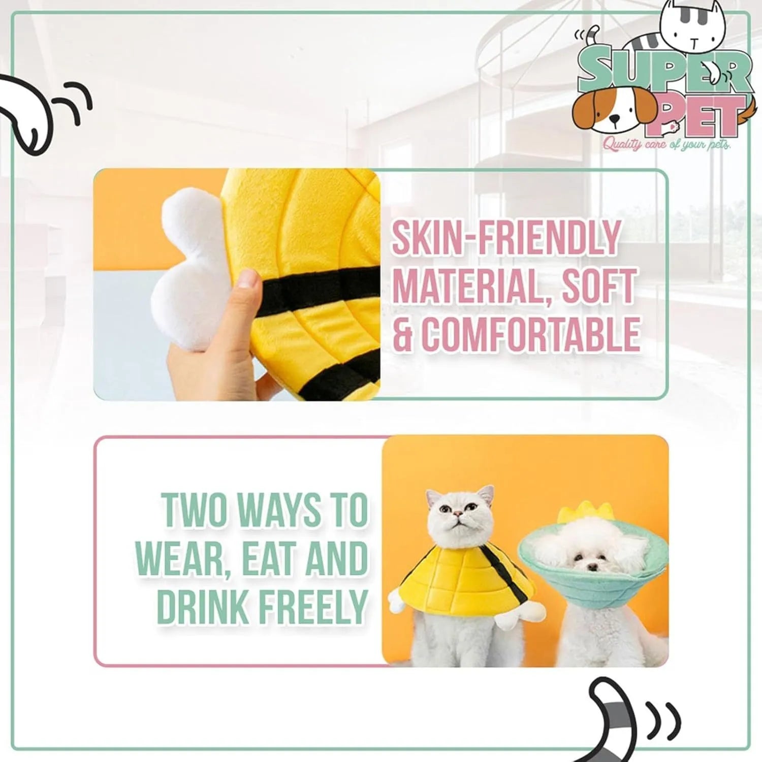 Soft cat cone collar with bee design showing Velcro closure and wide protective shape