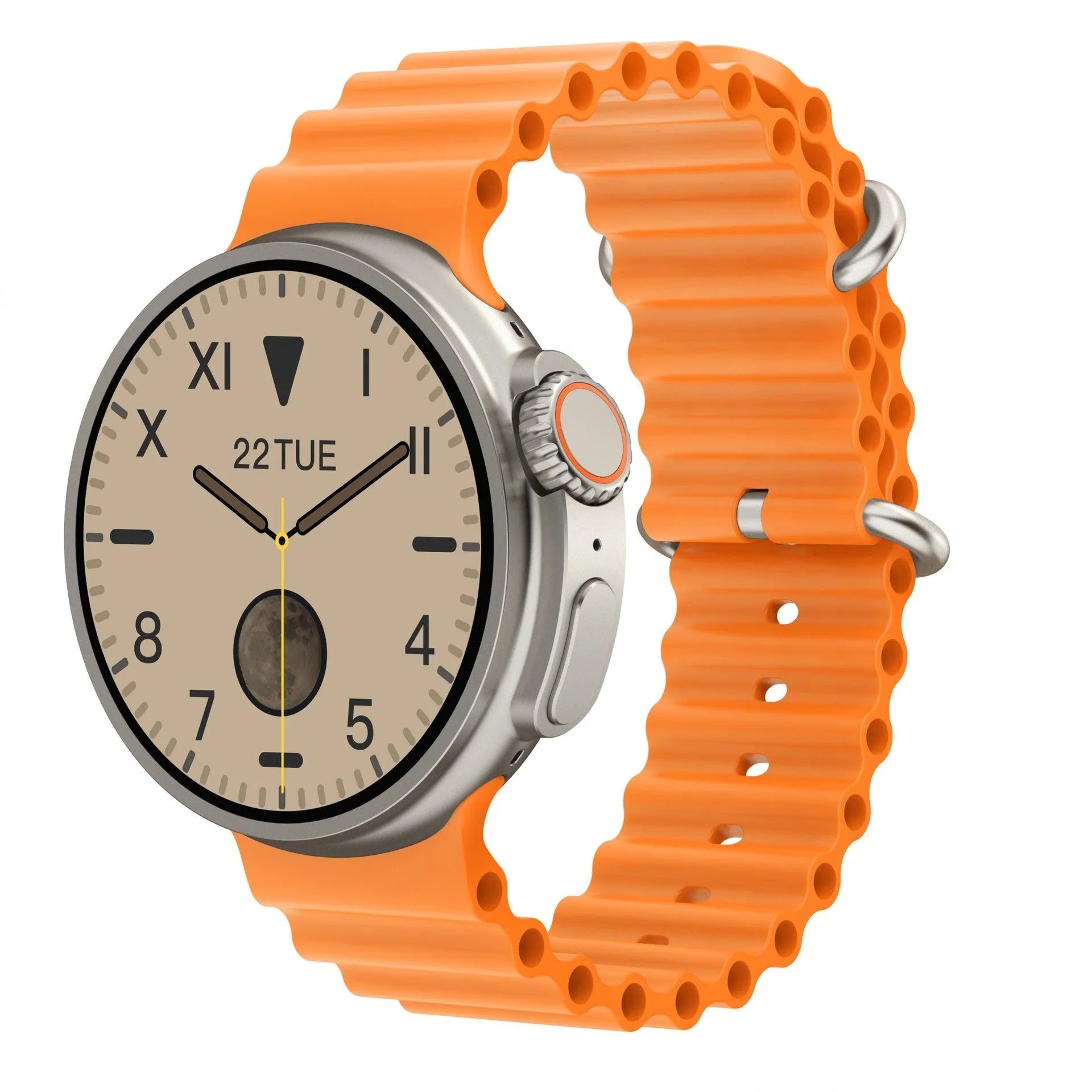K9 smart watch with round screen in black, orange, silver brown, or yellow with silicone strap