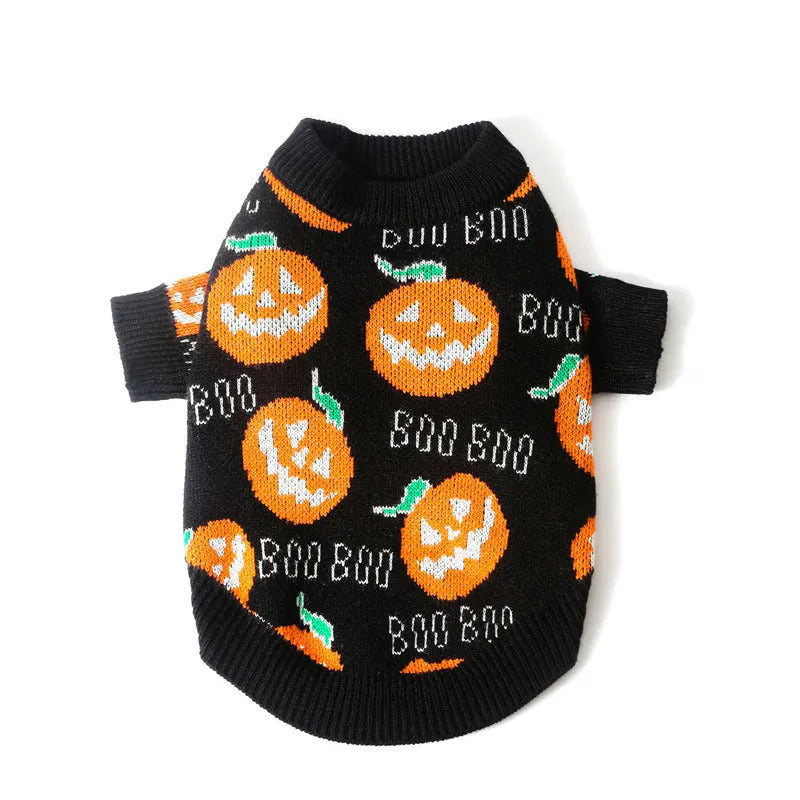 Halloween dog sweater with pumpkin pattern on black polyester fabric