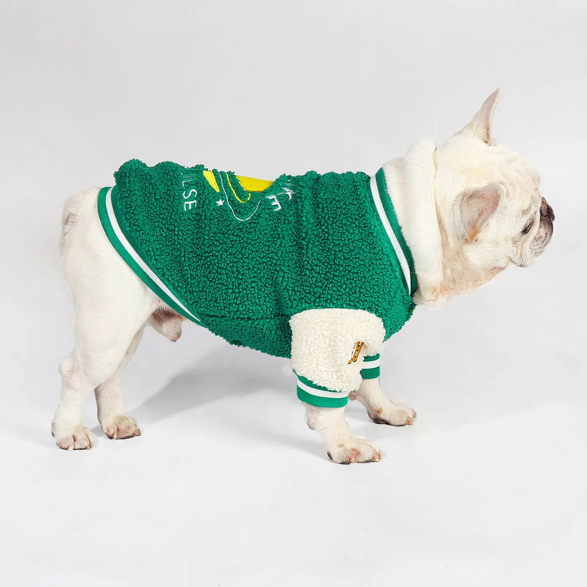 Green fleece-lined dog winter coat shown on a mannequin, sizes L XL XXL 3XL 4XL.
