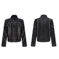 Loose fit black splash-dye distressed denim coat with padded shoulders and matching pants on model