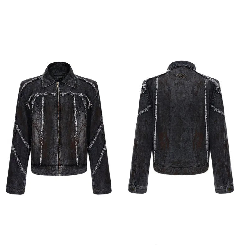 Loose fit black splash-dye distressed denim coat with padded shoulders and matching pants on model