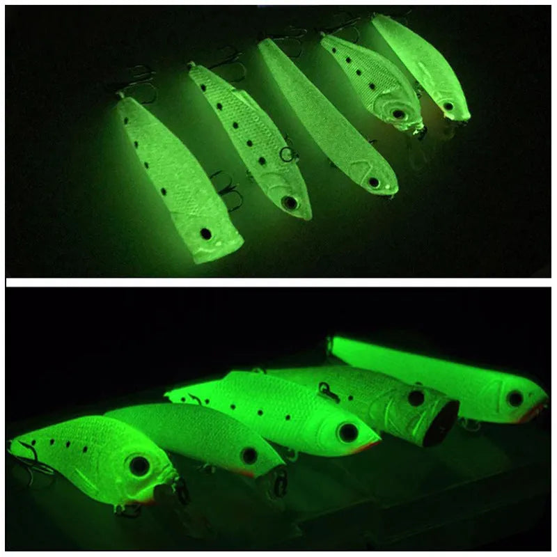 Set of five fluorescent 3D hard fishing bait lures with luminous design for predator fish.