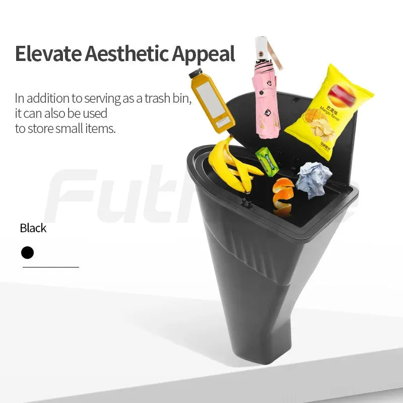 Two black ABS plastic Tesla Model Y car door trash cans showing Y-type design