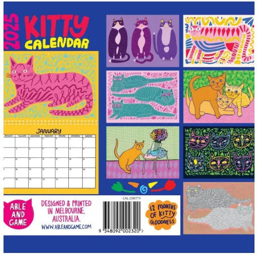 Cat-themed illustrated wall calendar for 2024 or 2025 year planning