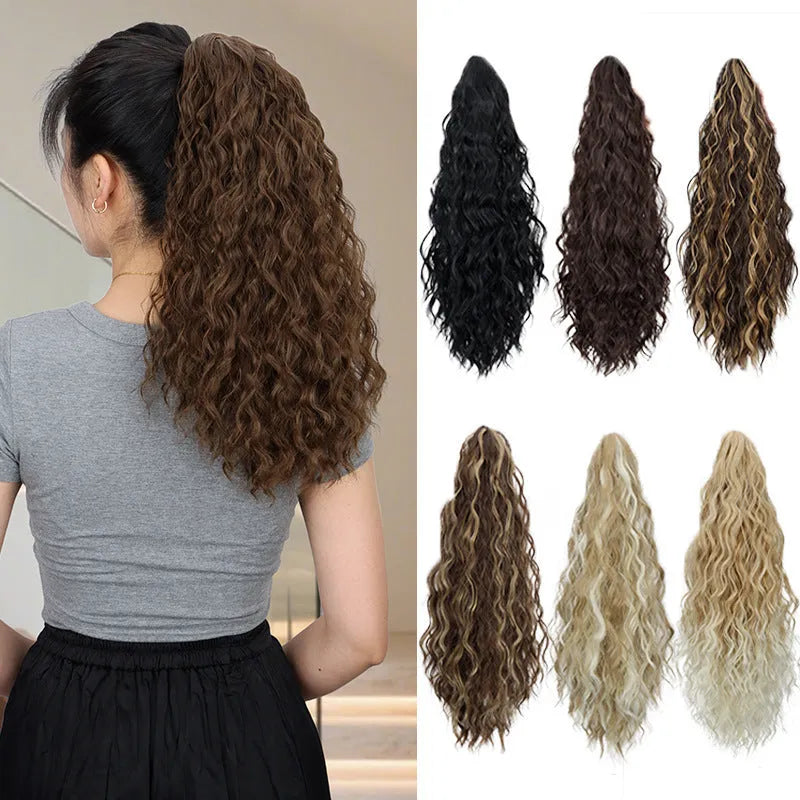 Corn curler style synthetic wig with a water ripple grip ponytail, shown in a dark colour.