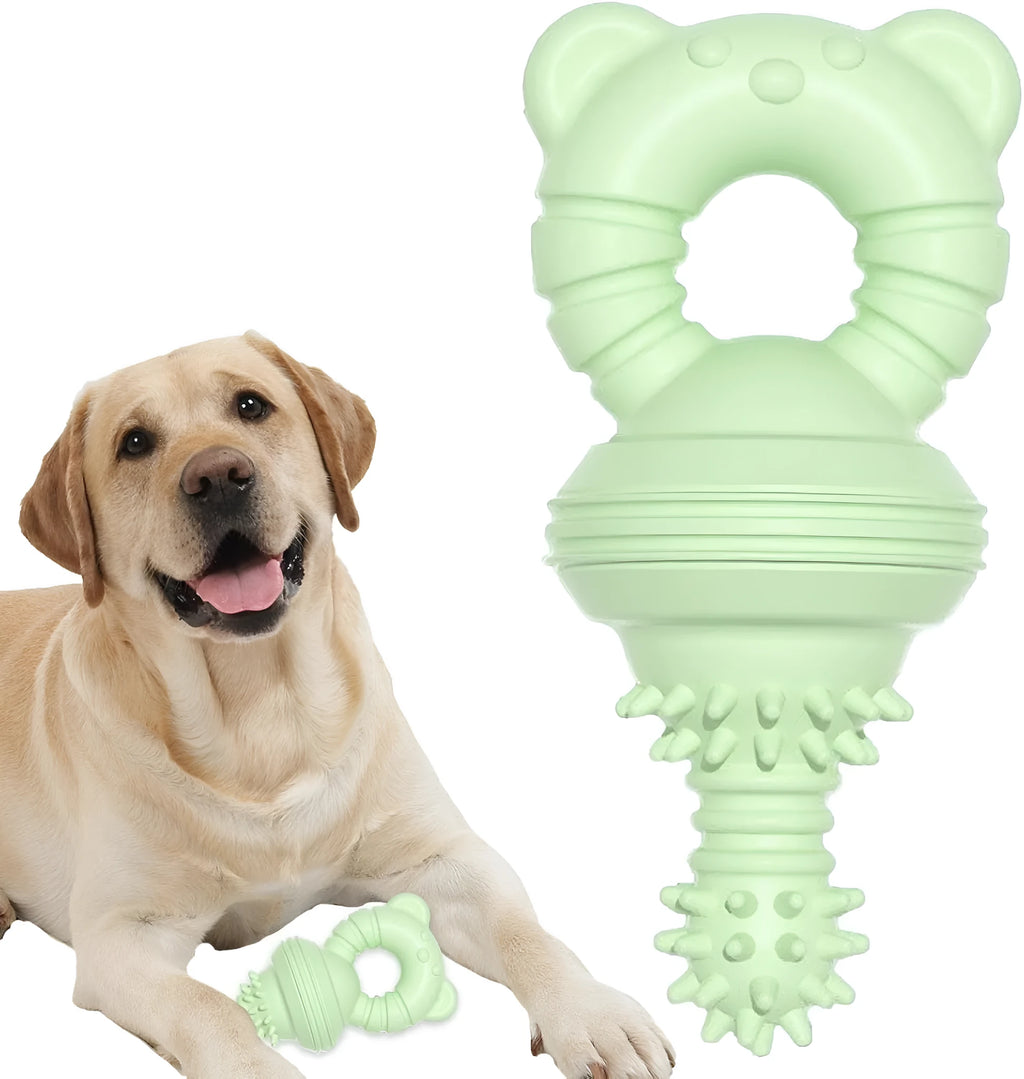 Blue rubber dog chew toy with textured surface and bell for teeth cleaning