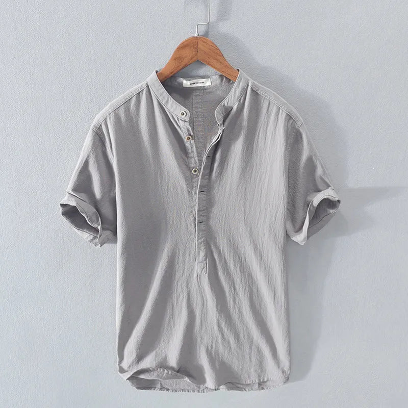 Men's stand collar short sleeve t-shirt, ice silk linen, loose fit, solid colour, button decoration