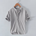 Men's stand collar short sleeve t-shirt, ice silk linen, loose fit, solid colour, button decoration