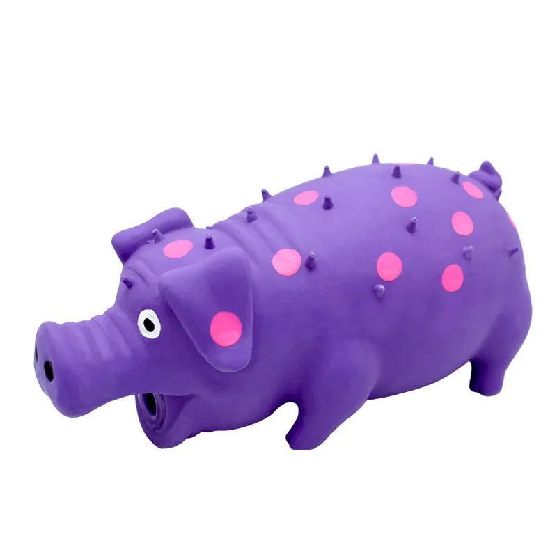 Blue latex pig-shaped dog chew toy with textured surface for teeth cleaning