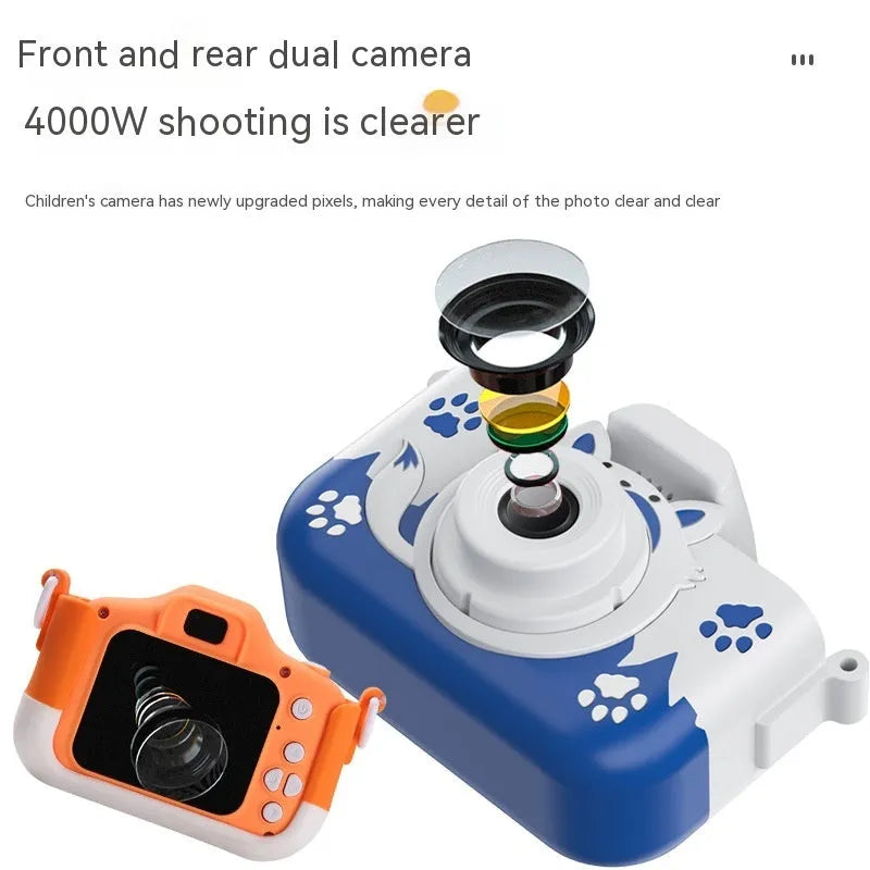 HD cartoon digital camera for children in blue or orange with lanyard and charging cable